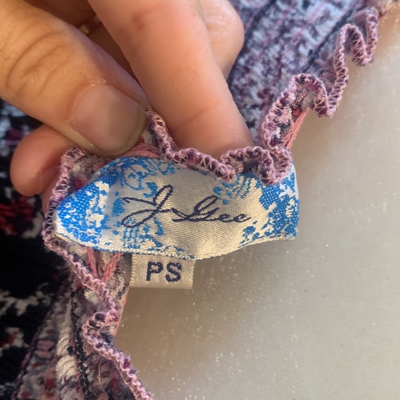 J Gee Black Floral Ruffle Fringe Dress Petite Small S Elastic Scoop Neckline - Picture 6 of 8